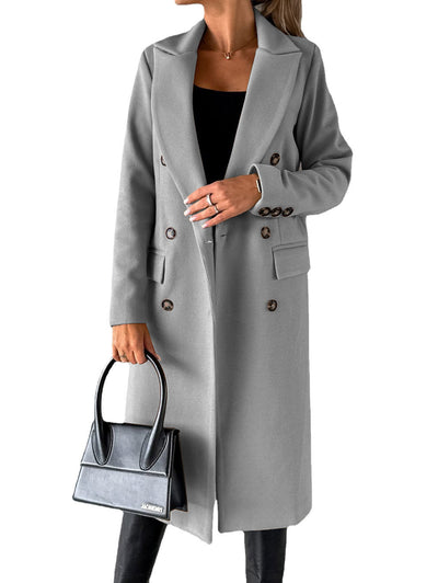 Long Sleeve Lapel Solid Double Breasted Slim Coat Coat