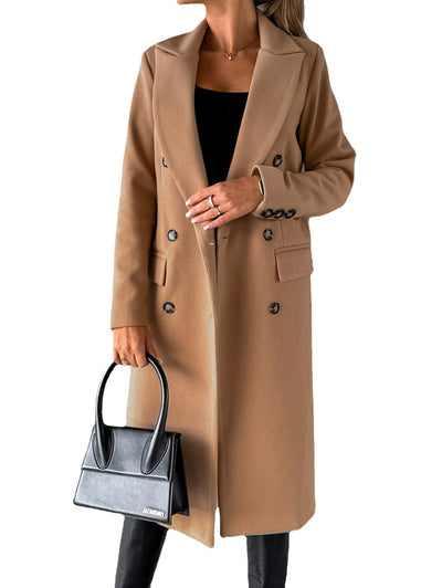 Long Sleeve Lapel Solid Double Breasted Slim Coat Coat